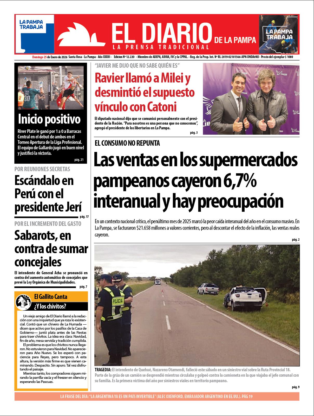 Tapa de El Diario en papel  domingo 25 de enero de 2026